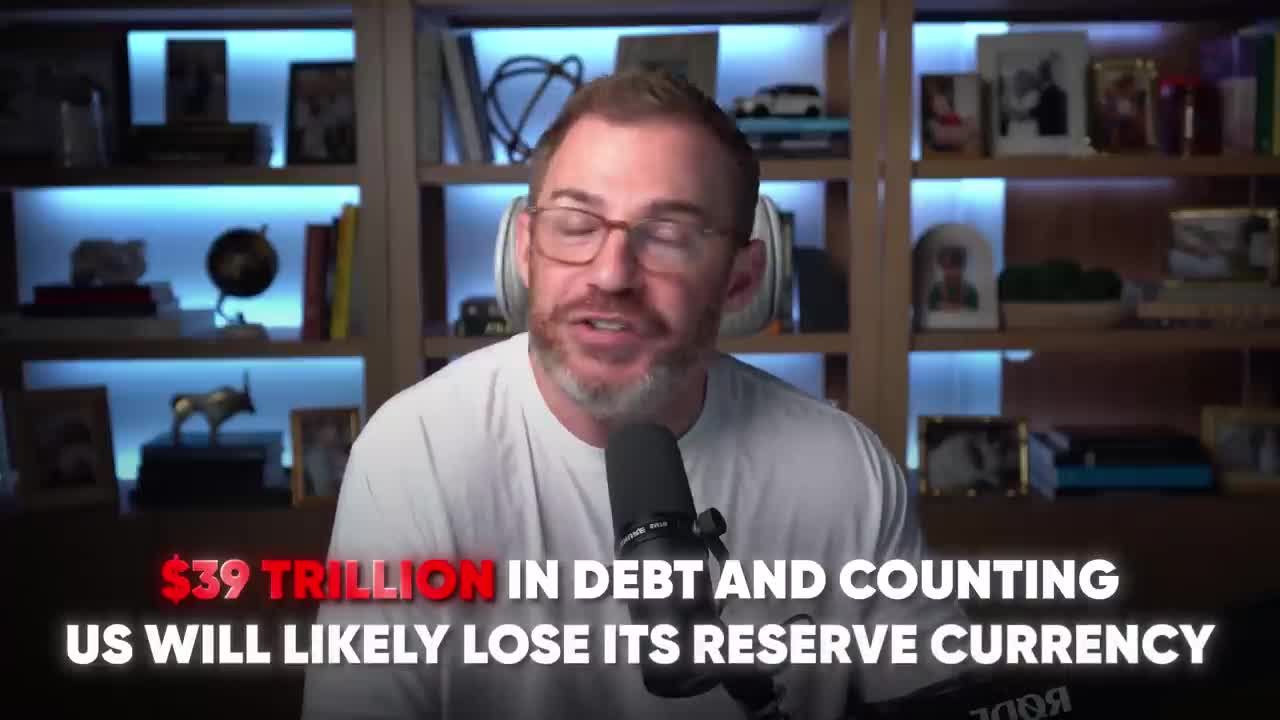 Text overlay stating $39 trillion in US debt and the prediction that the US will likely lose its reserve currency status.