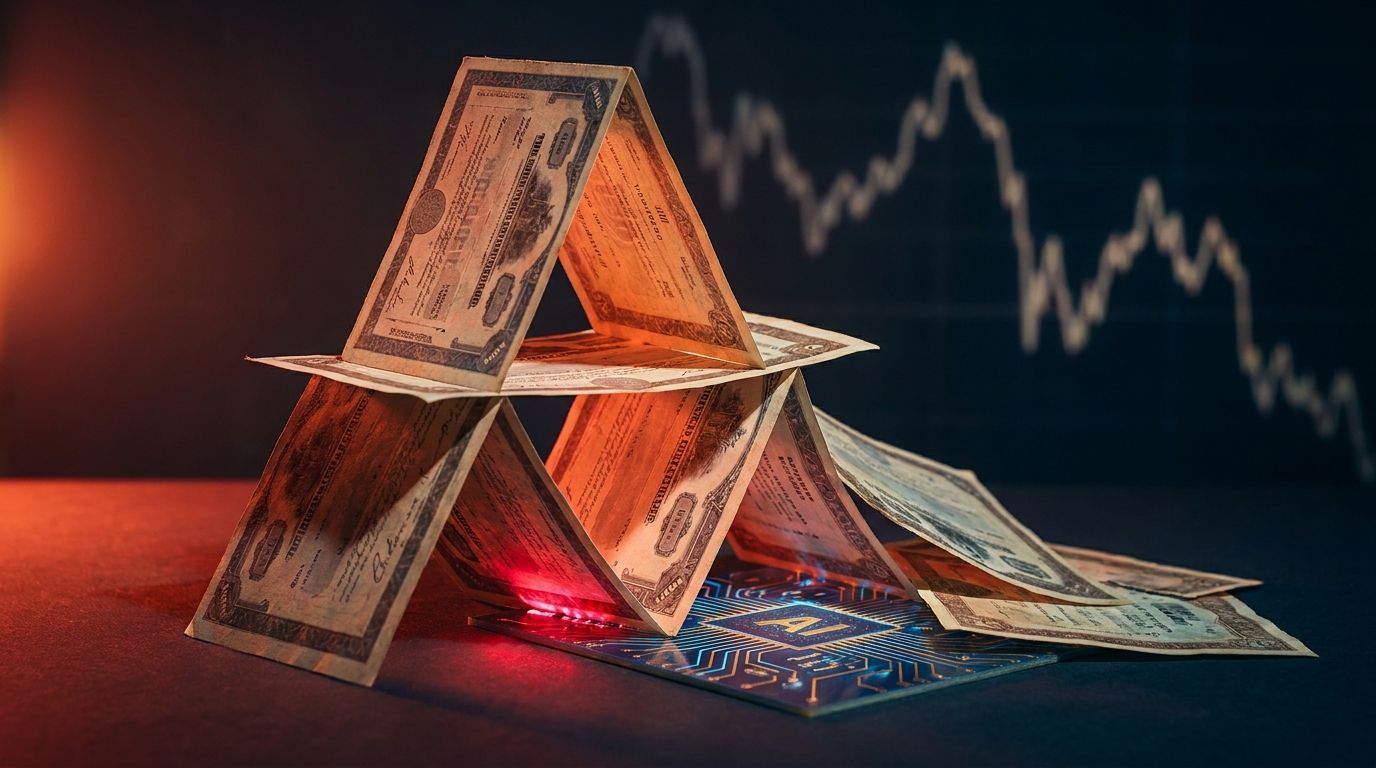 A crumbling house of cards built from stock certificates and financial documents, with a glowing AI circuit board pattern visible beneath the collapsing structure.