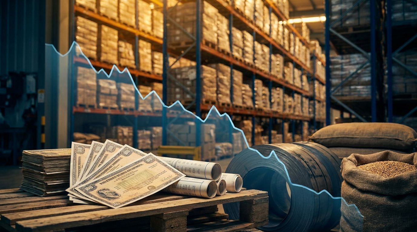 A close-up shot of a large industrial warehouse or wholesale distribution facility with towering shelves of goods, overlaid with a translucent downward-trending graph line in cool blue tones.