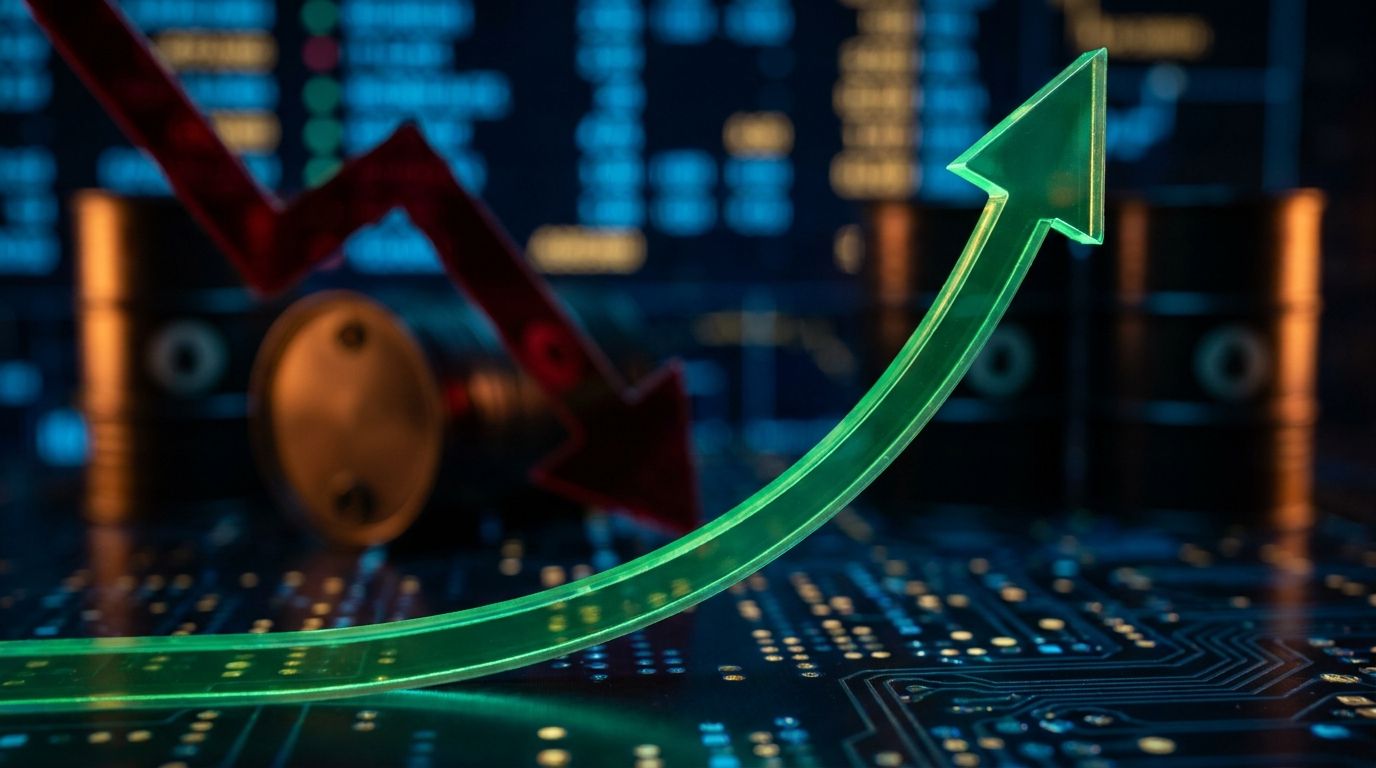 A dramatic upward-sweeping stock market chart line rendered in bold green against a dark financial dashboard background, with the iconic Dow Jones ticker numbers glowing in the foreground.