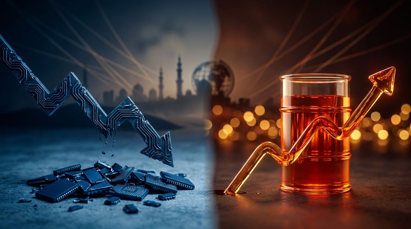 A split-screen composition shows a dramatically downward-trending stock chart in cool blue tones on one side, contrasted against a glowing oil barrel or rising crude oil price chart in fiery orange and red on the other.