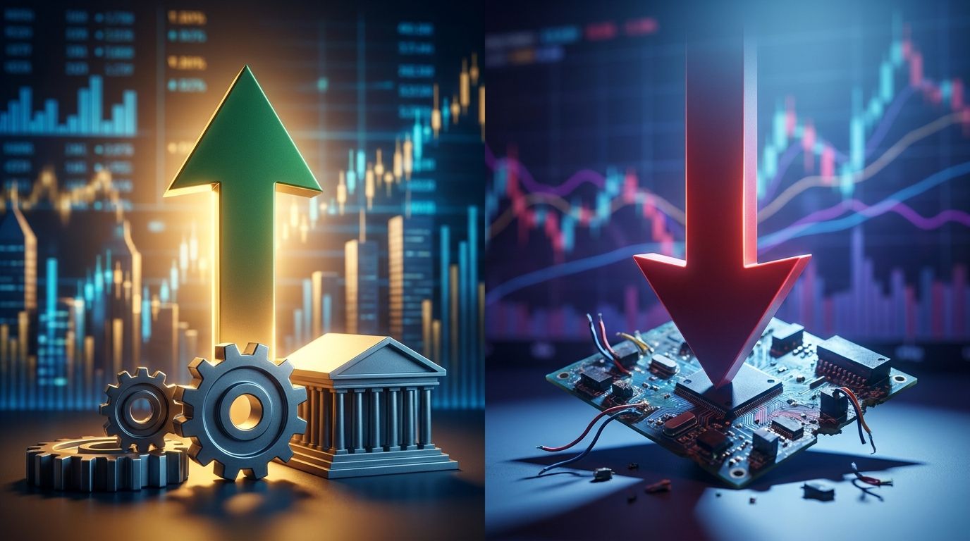 A split-screen financial visualization showing a bold upward green arrow representing the Dow on one side, contrasted against a downward red arrow for the Nasdaq on the other, set against a dark market-data backdrop of glowing stock tickers