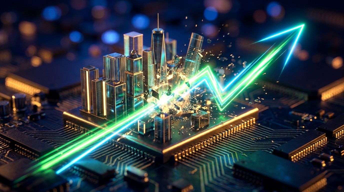 A dramatic upward-sweeping stock chart line rendered in electric green or neon blue against a dark background, with glowing circuit board or semiconductor chip patterns woven into the composition.