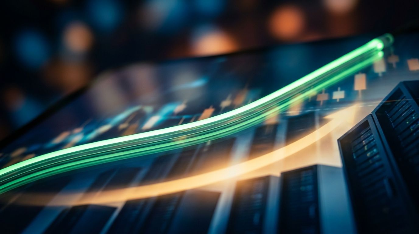 A dramatic upward-trending stock chart line rendered in electric green against a dark background, with glowing Nasdaq ticker symbols and candlestick patterns reflecting off a sleek glass surface.