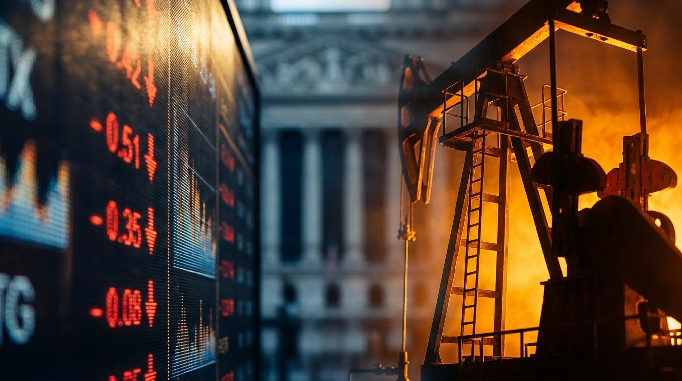 A dramatic split-scene image showing a downward-trending red stock market graph or ticker board on one side, with a towering oil derrick or barrel engulfed in fiery orange light on the other, symbolizing the energy market's grip on equities