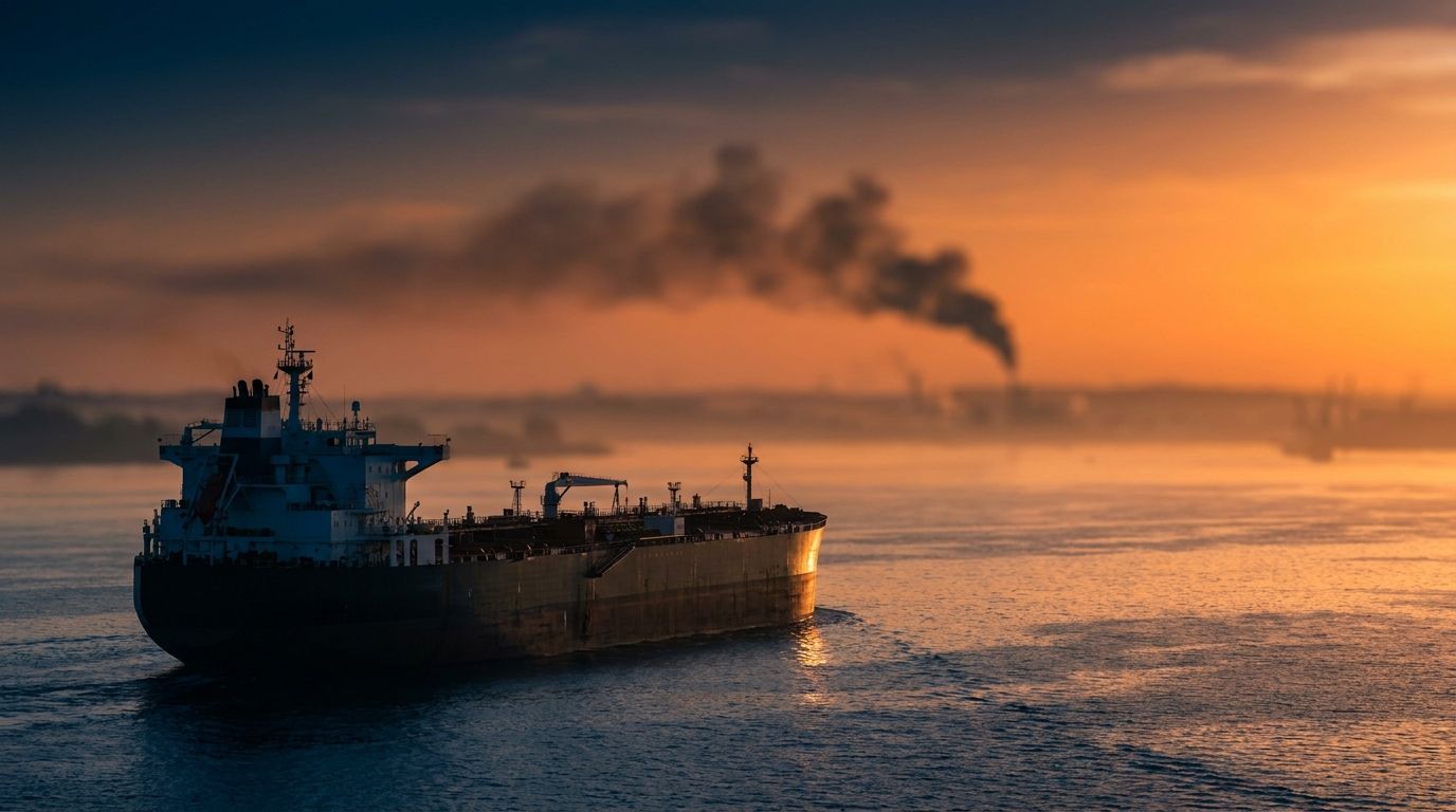 A massive oil supertanker navigates through the narrow, haze-filled waters of the Strait of Hormuz at dusk, with dark smoke billowing on the horizon suggesting distant conflict.