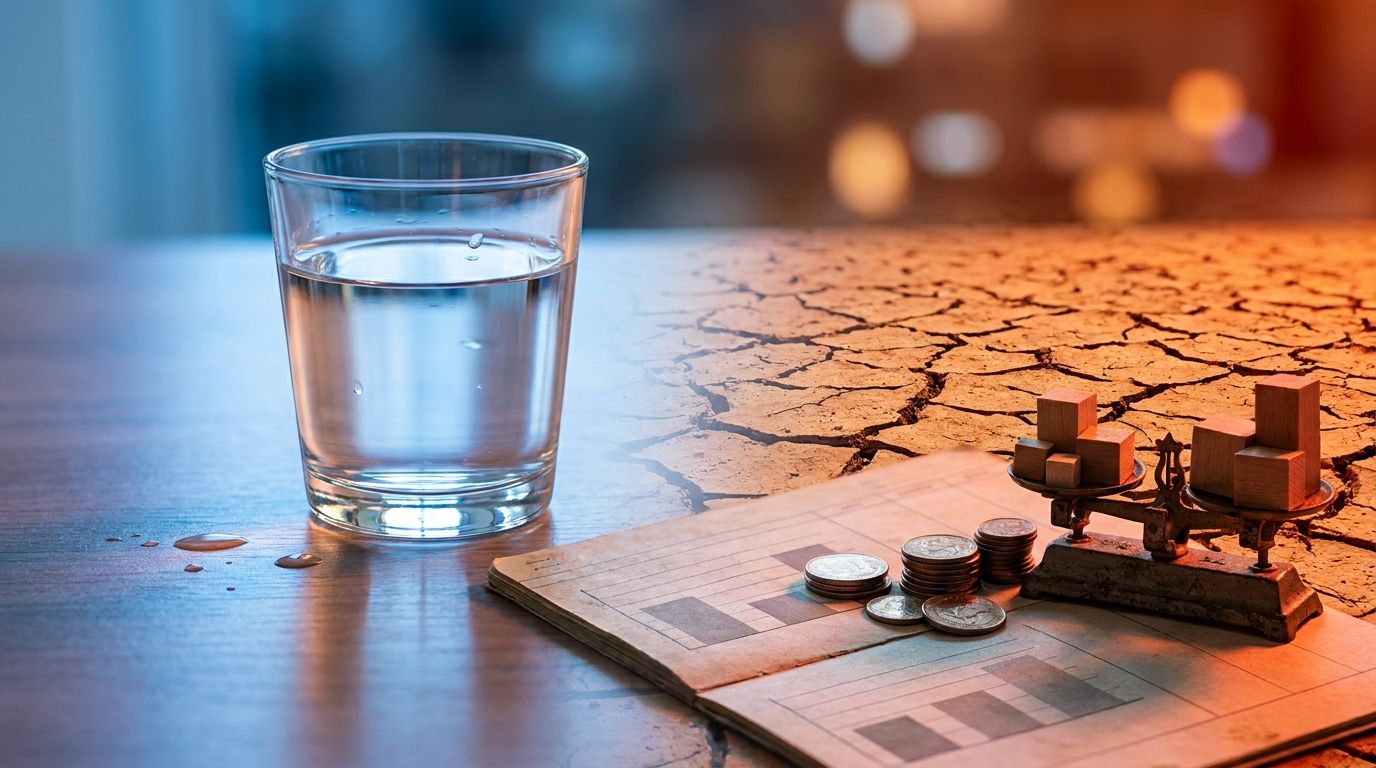 A split-composition image showing a crystal-clear glass of water on one side representing healthy liquidity, contrasted against a cracked, dry desert landscape on the other side, visually representing the stark difference between financial